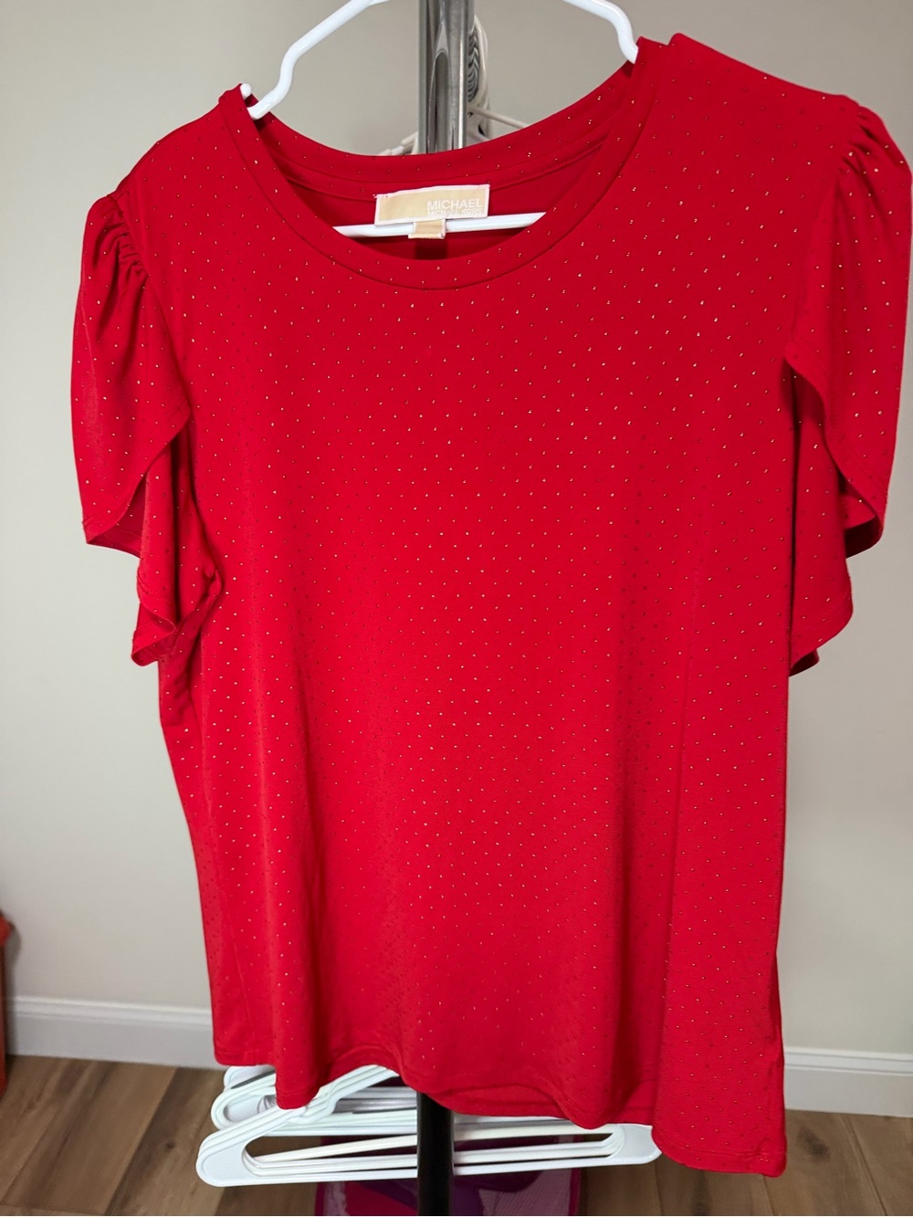 Michael Kors Bright Red Short Sleeve Ruffle Sleeve Top with Sparkle